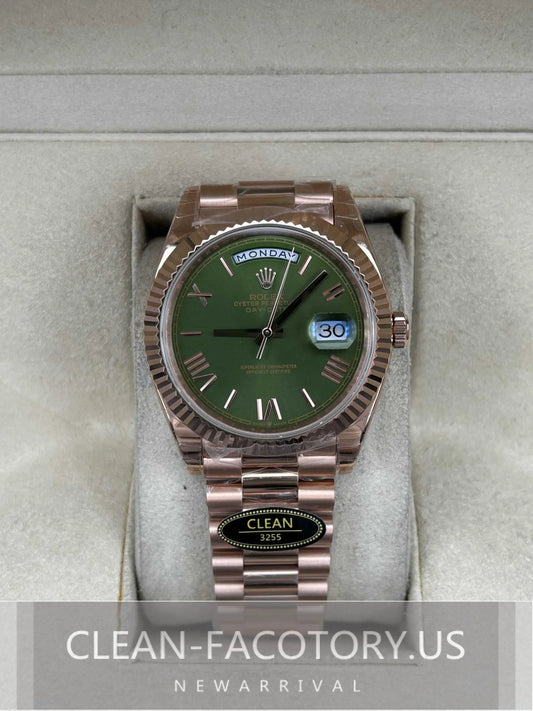 Clean Factory Day-Date 40mm 228235 President , Olive Green Dial, Rose Gold Fluted Bezel, 18K Rose Gold wrapped 904L Steel, Best Edition 3255 Movement