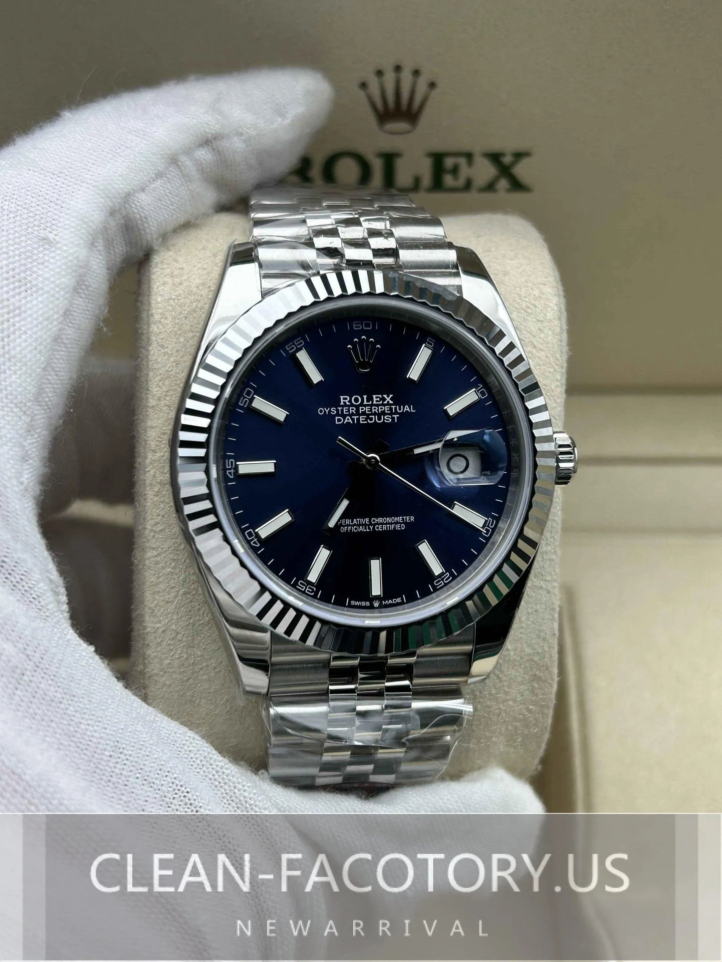 Clean Factory Datejust 41mm Jubilee Blue Dial, White Gold Fluted Bezel, 904L Steel, Best Edition 3235 Movement