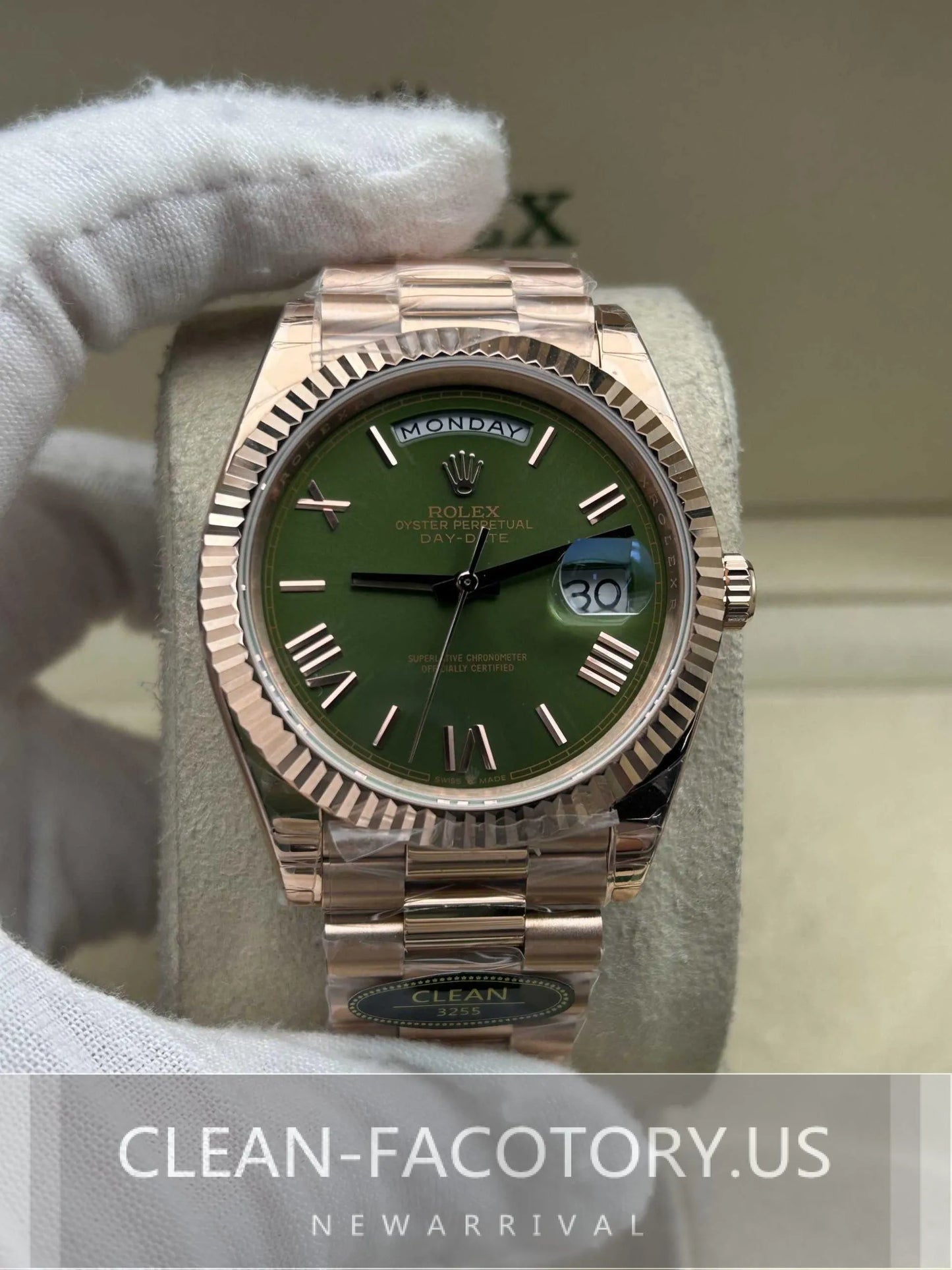 Clean Factory Day-Date 40mm 228235 President , Olive Green Dial, Rose Gold Fluted Bezel, 18K Rose Gold wrapped 904L Steel, Best Edition 3255 Movement