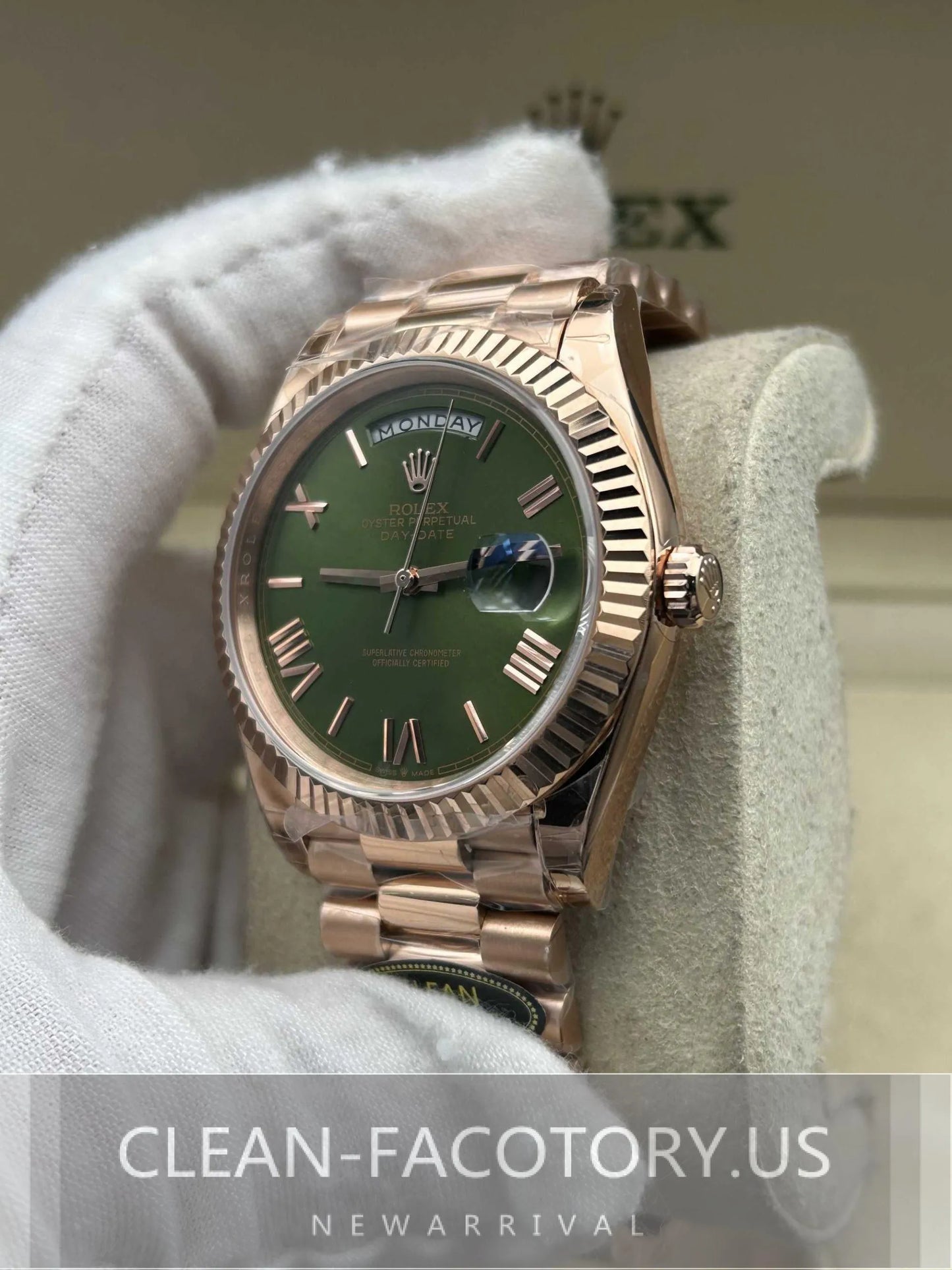 Clean Factory Day-Date 40mm 228235 President , Olive Green Dial, Rose Gold Fluted Bezel, 18K Rose Gold wrapped 904L Steel, Best Edition 3255 Movement