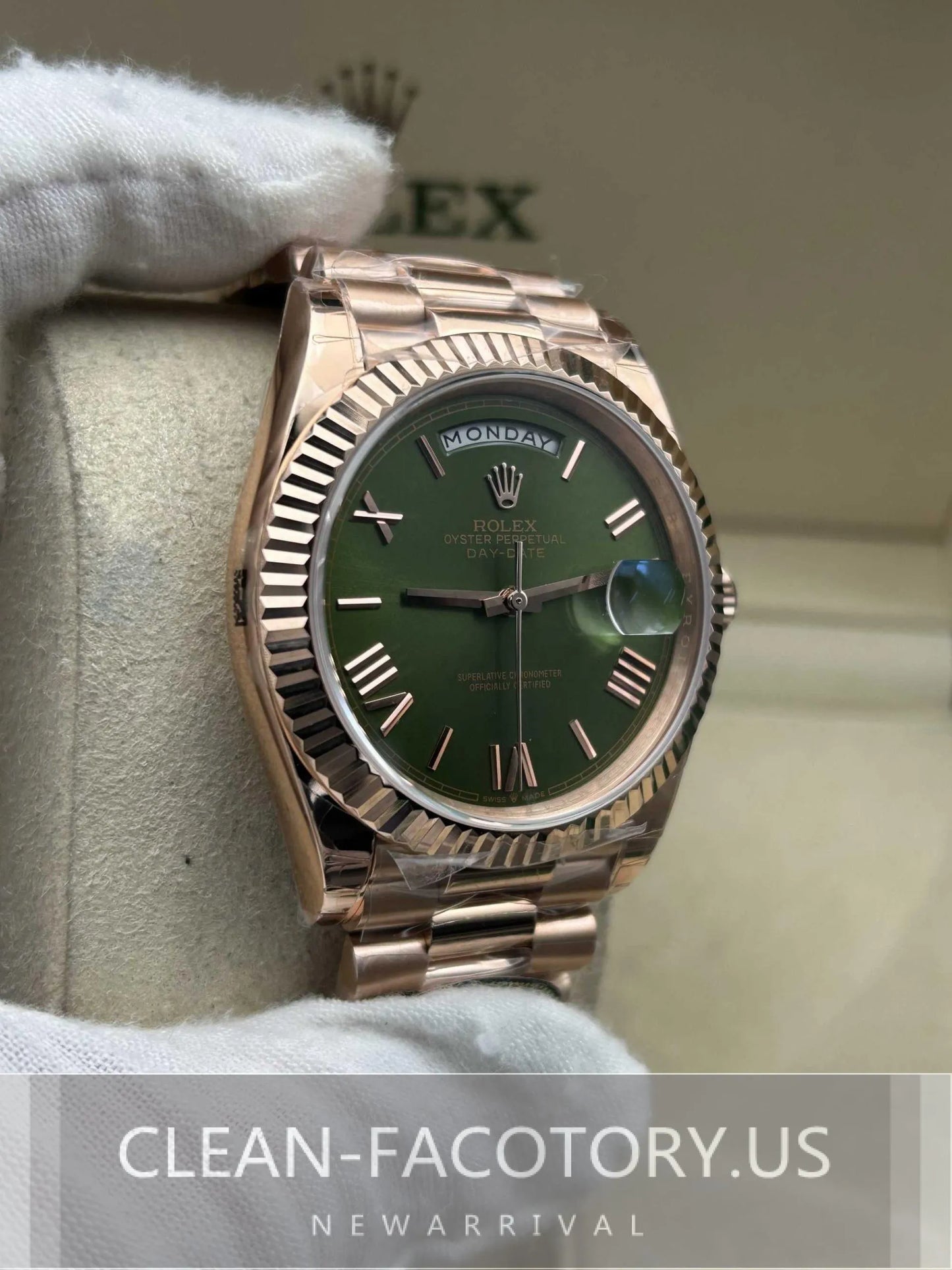 Clean Factory Day-Date 40mm 228235 President , Olive Green Dial, Rose Gold Fluted Bezel, 18K Rose Gold wrapped 904L Steel, Best Edition 3255 Movement